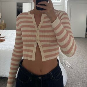 Zara striped knit cardigan in pink and cream